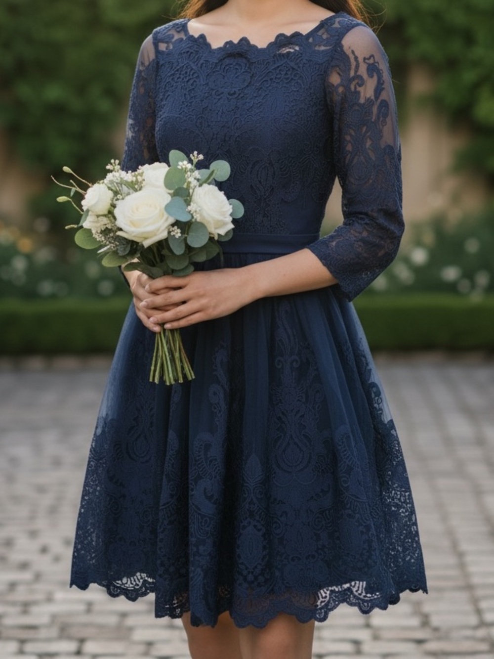 Elegant Navy Lace Tulle Dress | Wedding Guest | Size M